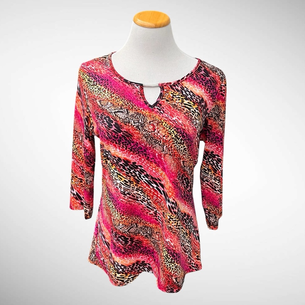 ICY Striped Animal Print Pullover Top with Notched Neckline 3/4-Sleeves